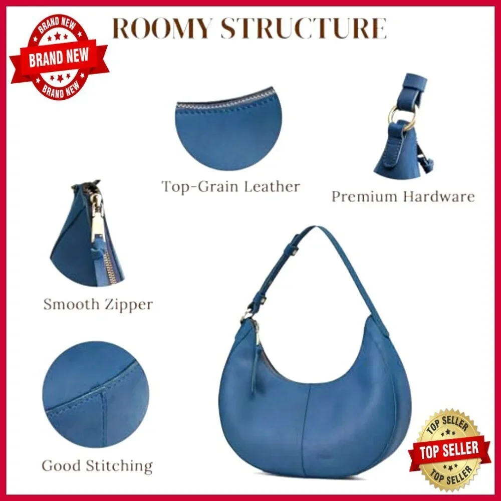 Top Grain Leather Hobo Shoulder Bag Adjustable Strap 3 Pockets